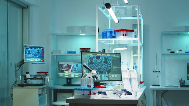 istock Interior of modern science laboratory with no people at night 1865361519