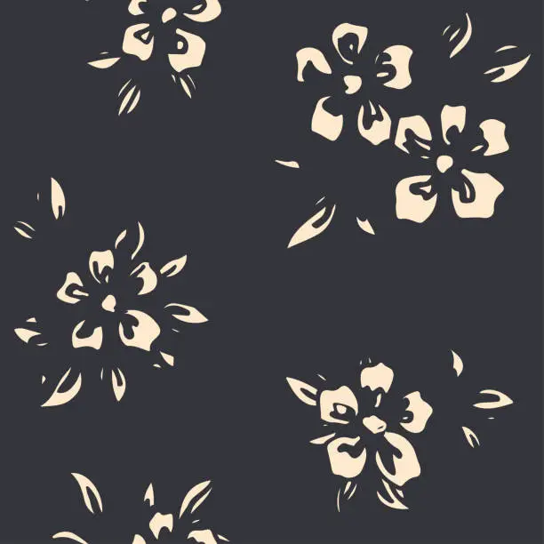 Vector illustration of Seamless floral pattern, abstract flower print with large sketch daisy flowers on a black background. Vector.