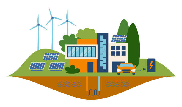 vorstadthaus. grüne energie: ein umweltfreundliches traditionshaus - wärmepumpe stock-grafiken, -clipart, -cartoons und -symbole