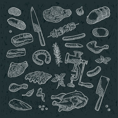 Set meat products and kitchen equipment. Vintage vector engraving