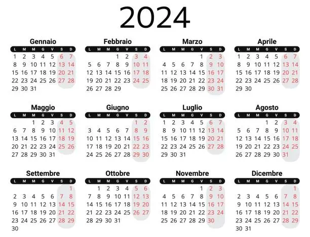 Vector illustration of ITALIAN calendar for 2024. Printable, editable vector illustration for Italy