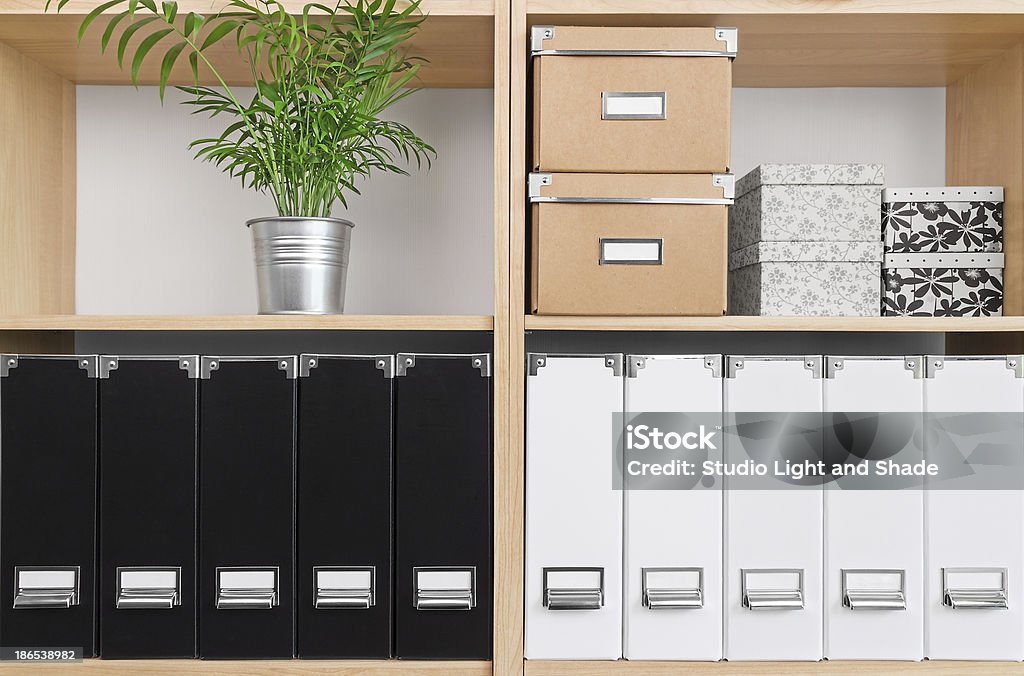 Shelves with boxes, folders and green plant Shelves with storage boxes, black and white folders, and green plant. Organization Stock Photo