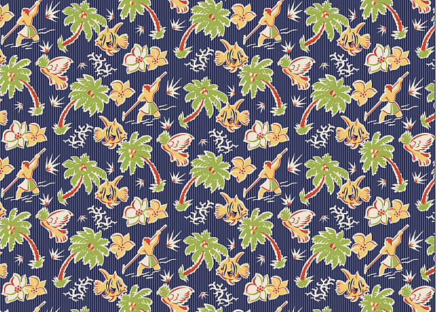chłopcy aloha wzór - pattern coconut palm tree frond textile stock illustrations
