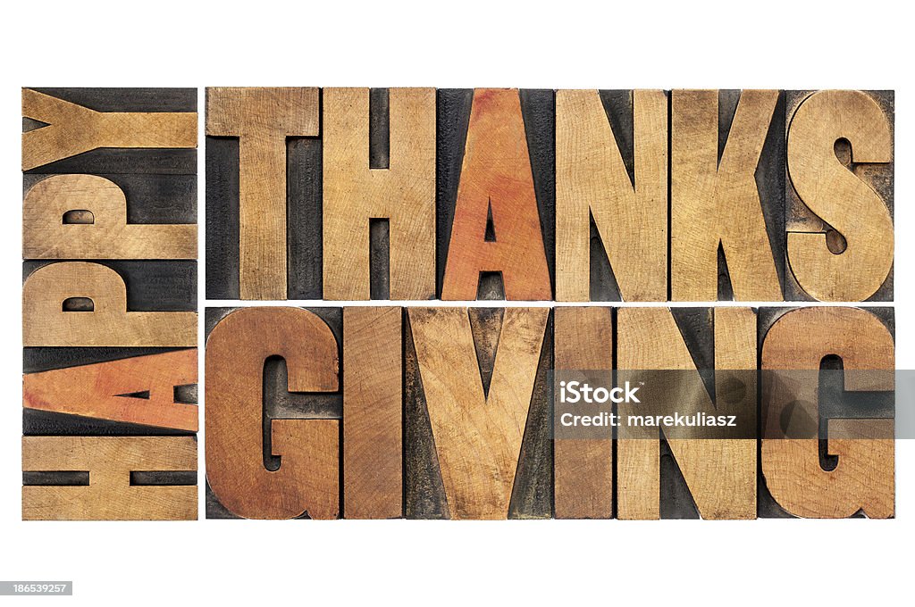 happy thanksgiving happy thanksgiving - greetings or wishes - isolated word abstract in vintage letterpress wood type blocks Thanksgiving - Holiday Stock Photo