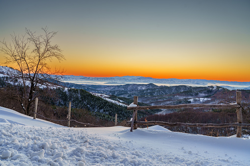 Winter seen from Balkan mountain with snow and sun