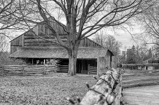 Black and white image of a rustic barn with a fence and bare trees, evoking a serene, vintage countryside scene.