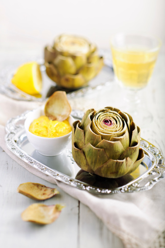 Artichoke Served with Homemade Aioli and Glass of White Wine