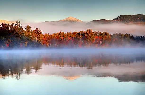 Autumn snow-capped mountains in the White Mountains National Forest in New Hampshire