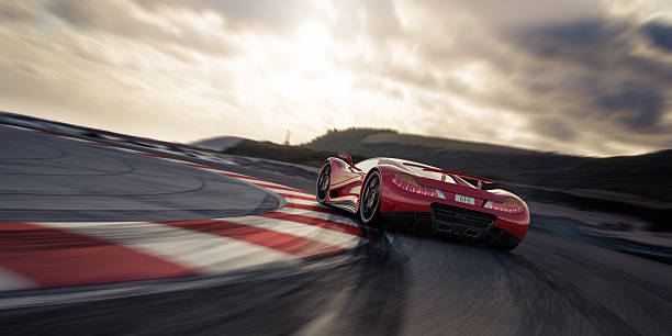 Red Sports Car on a Racetrack A modern red sports car on a racetrack. Unique and generic sports car design.  Designed and modelled entirely by myself. Very high resolution 3D render. All markings are ficticious. auto racing stock pictures, royalty-free photos & images