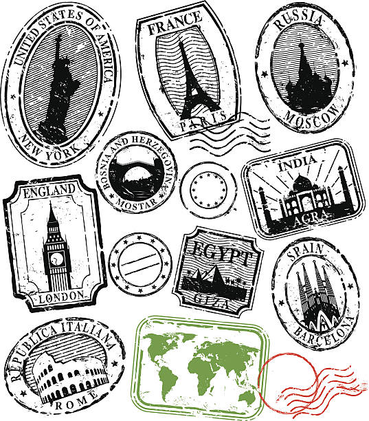 ilustraciones, imágenes clip art, dibujos animados e iconos de stock de sellos de viajes - barcelona spain antonio gaudi sagrada familia