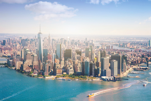 Aerial view of Manhattan - New York. Focus on the Freedom Tower and the site of World Trade Center.
