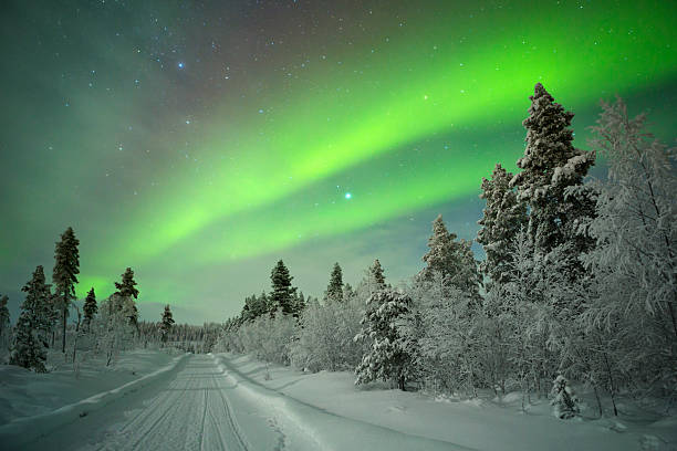 Aurora borealis over a track through winter landscape, Finnish Lapland Beautiful northern lights (aurora borealis) over a snowy track in the Arctic. finnish lapland stock pictures, royalty-free photos & images