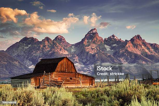 Moulton Barn And Tetons In Morning Light Stock Photo - Download Image Now - Wyoming, Jackson Hole, Grand Teton National Park