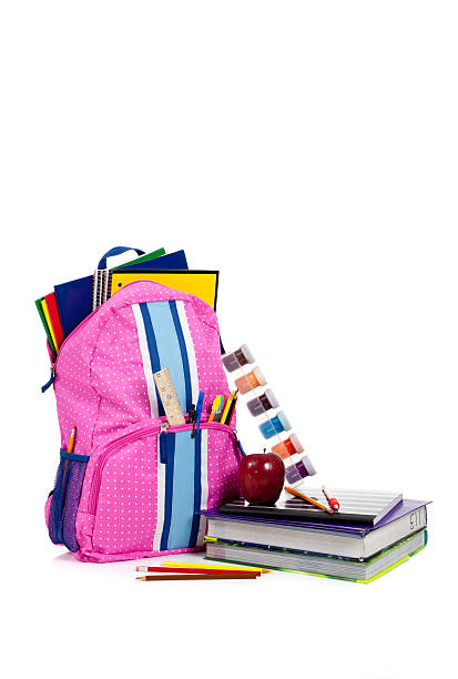 istock Pink backpack with school supplies and copy space 186546866