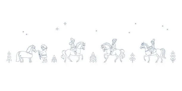 Vector illustration of Children and ponies, winter holidays, linear contour for coloring page