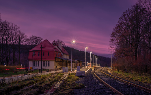 Winter color evening in railway station in Swieradow Zdroj Poland 12 16 2023