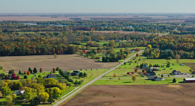 Leftward Drone Shot of Farmland near South Vienna in Ohio on Sunny Day