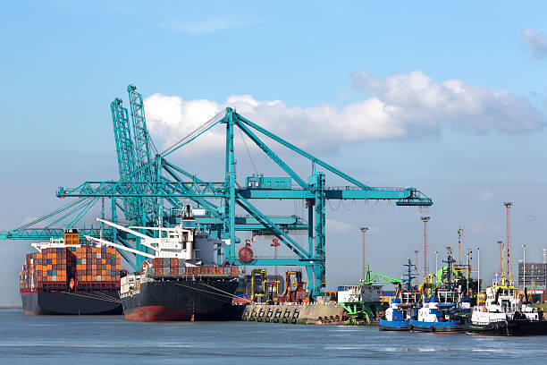 istock Huge ship being unloaded with cranes in Antwerp harbor 186549114
