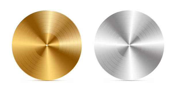 Realistic gold and silver vinyl disc vector illustration set isolated on white background. Music record album. Highest award for musicians. Songs and singers reward. Playlist for dj.