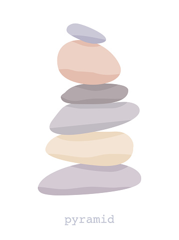 Meditation stone balance pyramid vector illustration. Stacked pebbles pastel colours object isolated in white background.