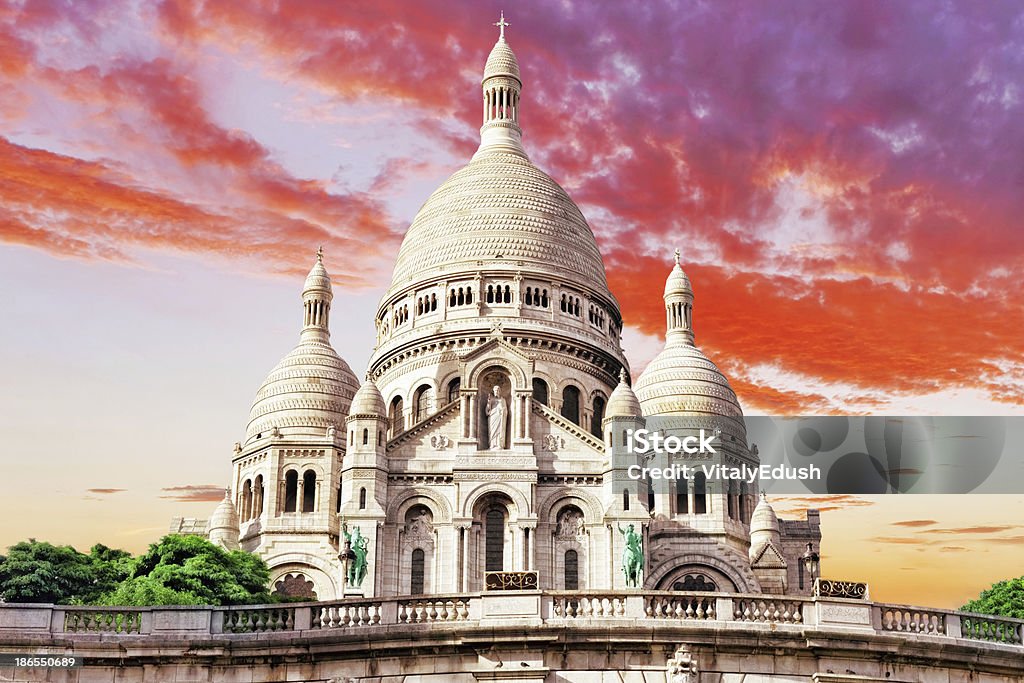 Sacre Coeur Cathedral on Montmartre Hill at Dusk, Paris Sacre Coeur Cathedral on Montmartre Hill at Dusk, Paris, France Architectural Dome Stock Photo