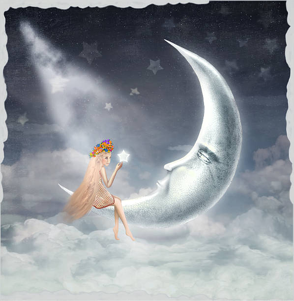 젊은 너무해 소녀 상현달 - moon women crescent teenage girls stock illustrations