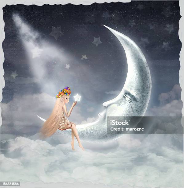 Young Blonde Girl Sitting On Moon Stock Illustration - Download Image Now - Drawing - Activity, Night, Child