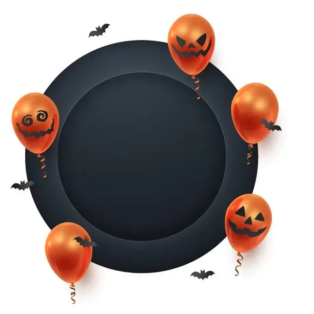 Vector illustration of Poster with realistic red, orange, ginger balloons, ribbons, bat confetti and black paper cut circles. Vector illustration for card, Halloween party, design, flyer, poster, banner, web, advertising