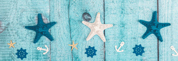 istock summer vacation on beach. Top view composition of starfish on blue background. Banner 1865518873