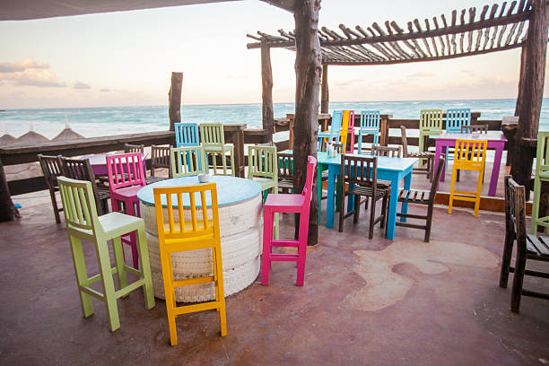 istock Bright colored bar-restaurant on the white sandy beach in Tulum 186554199