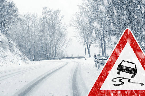 Snowy curvy road with traffic sign