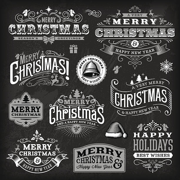 ilustrações, clipart, desenhos animados e ícones de chalkboard conjunto de etiqueta de natal - christmas season christmas tree nostalgia