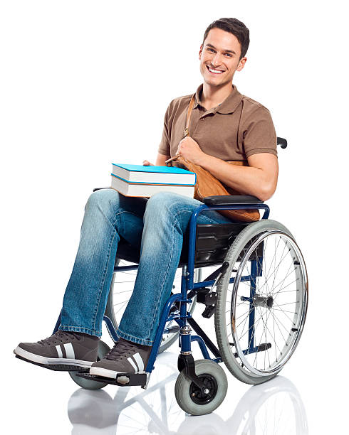alegre estudiantes para silla de ruedas - freedom photography isolated on white full length fotografías e imágenes de stock