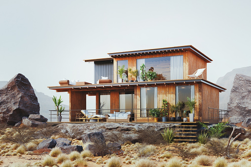 Wooden house in the desert. 3D generated image.