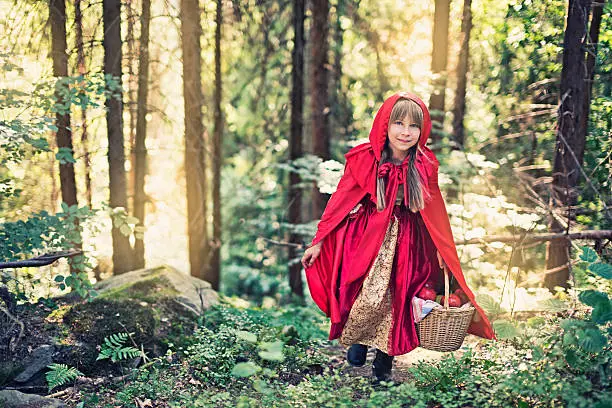 Cute Little Red Riding Hood walking in a forest.