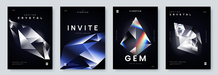 Abstract poster design with crystal background and place for text. Crystallized geometric shape isolated on dark. Diamond gradient collection. Ideal for banner, invitation, promo. Vector illustration