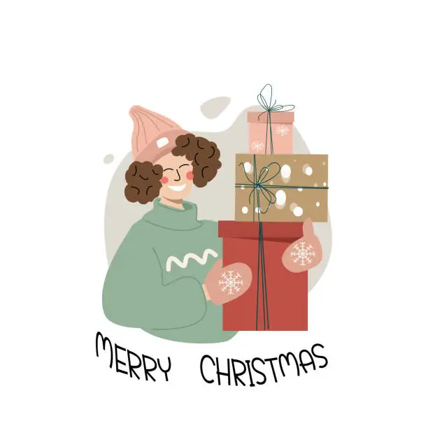 Vector illustration of Gifting Christmas presents. Greeting card