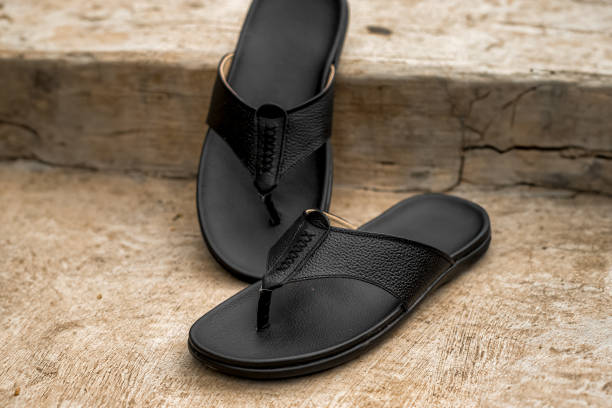 istock Black cowhide sandals, leather sandals for men. 1865613496
