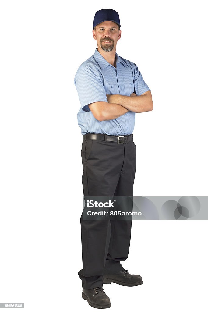 Service Technician Ready to be of Help A blue collar service technician that could be a plumber, mechanic, heating and air conditioning guy, carpet installer, electrician, cable guy etc. ready to be of service for your next project. Technician Stock Photo