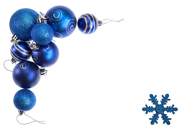 Isolated Blue Christmas Baubles and Snowflake in a Decorative Frame stock photo