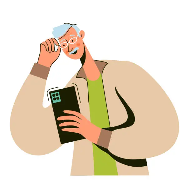 Vector illustration of Smiling old man holding smartphone, reading message.