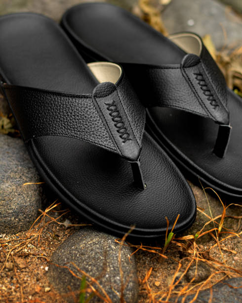 istock Black cowhide sandals, leather sandals for men. 1865634218