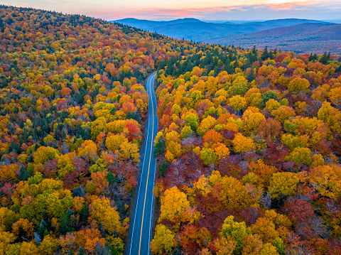 Aerial view of road in colorful autumn mountain forest during sunset