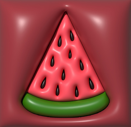 Watermelon slice with seeds on a red background, 3D rendering illustration