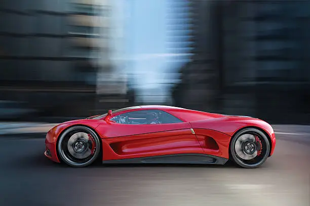 A modern red sports car speeding along a city street. Unique and generic sports car design.  Designed and modelled entirely by myself. Very high resolution 3D composite render. All markings are ficticious.