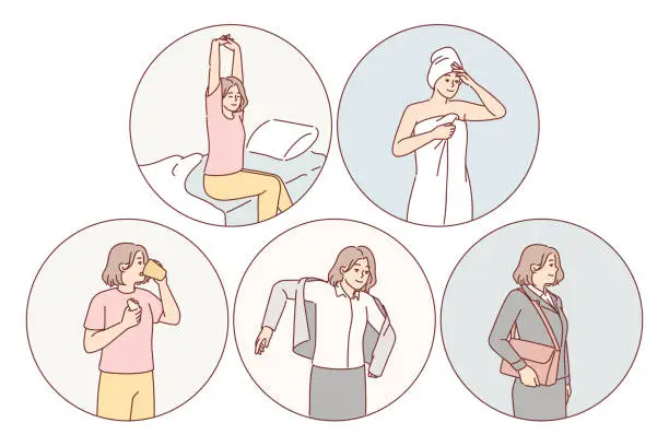 Vector illustration of Daily routine of successful woman waking up and taking shower before breakfast and going to work