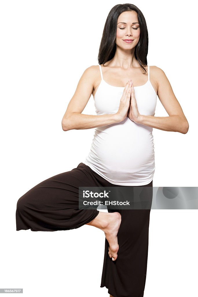 Grávida mulher praticando ioga isolado no fundo branco - Foto de stock de Fundo Branco royalty-free