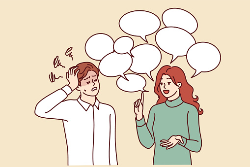 Chatty woman irritates man clutches head and does not want to listen to girl standing among speech bubbles. Guy is experiencing tension and discomfort due to chatty girlfriend spreading gossip.