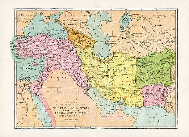 Antique Map of Turkey in Asia Vintage map of Turkey in Asia, Transcaucasia, Persia, Afghanistan, Biluchistan etc, from 1894 persian empire stock illustrations