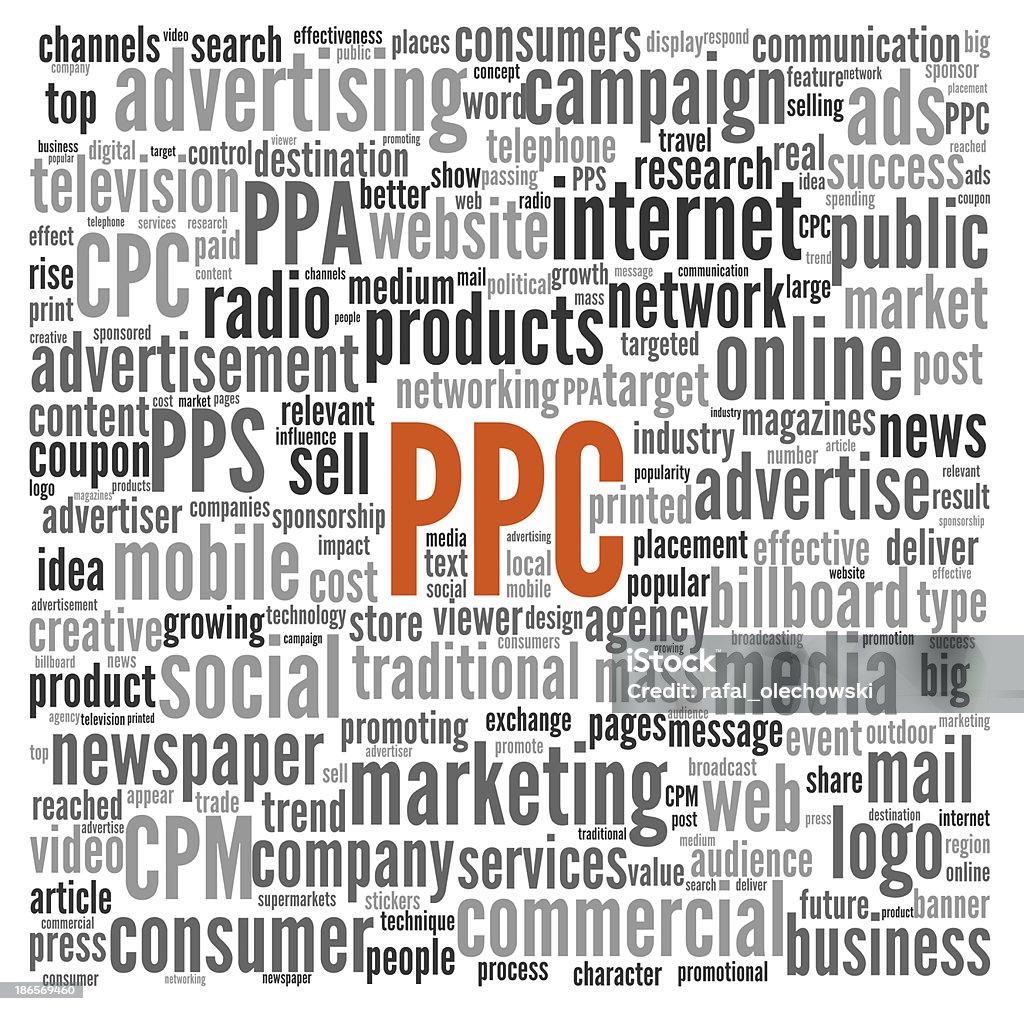 PPC and advertising concept in word tag cloud PPC and advertising concept in word tag cloud on white Business Stock Photo